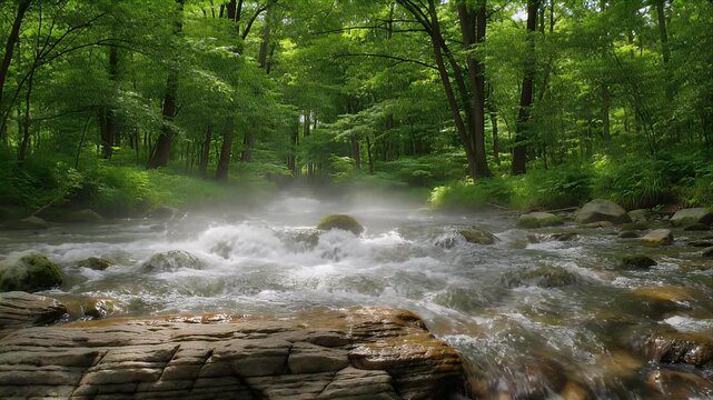 NatureShallow river waterfall layered rock forest stream rapid water over moss stone in lush green woodland with mist, flowing creek, fresh nature, tranquil scenery