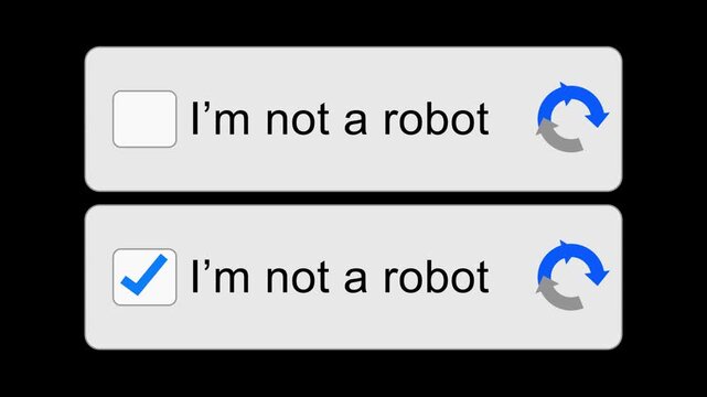 Mouse clicking on I'm not a robot button on a computer screen confirming that the user is human. Digital interface or website with cursor marking the checkbox to answer. Artificial intelligence