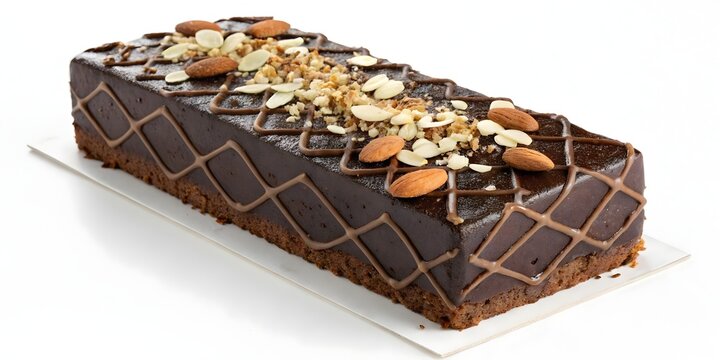 Gourmet chocolate brick cake decorated with almond flakes and crushed nuts on white background