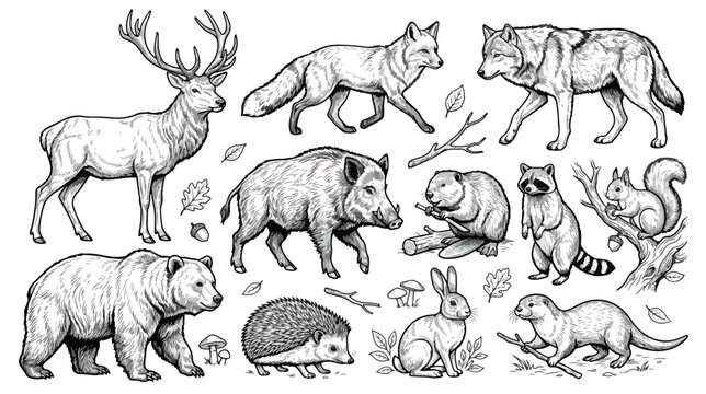 Vintage forest animals vector set, hand drawn woodland wildlife sketches, black and white engraved animal illustrations for nature branding