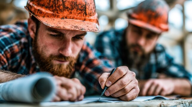 Two construction managers in hardhats reviewing blueprint over a workbench inside a sunlit building with vast negative space for headers.