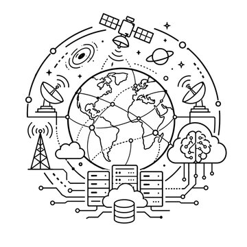 Global communication network line art illustration with satellite cloud computing database and AI