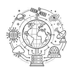Obraz premium Global technology network vector icon concept with earth, satellite, and cloud data line art