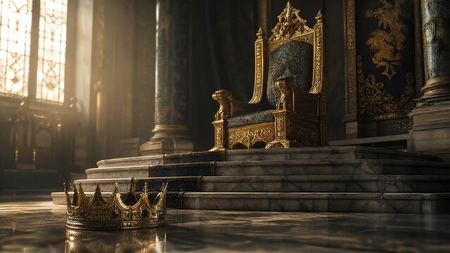 throne. Empty ornate throne on marble steps, golden crown abandoned with dramatic window lighting. event programs, museum guides, designed for cultural heritage projects and event programs.