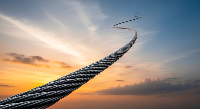 A thick steel cable stretching into the distance against a sunset sky