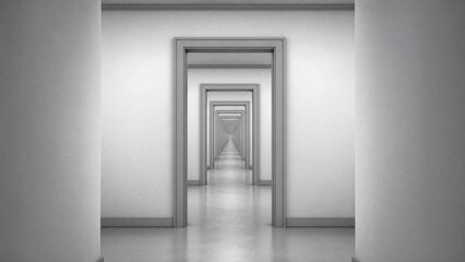 Fototapeta premium vanishing. An endless grey and white corridor with identical repeating doorways. real-estate listings, architecture portfolios, designed for real-estate listing and luxury residence showcases.