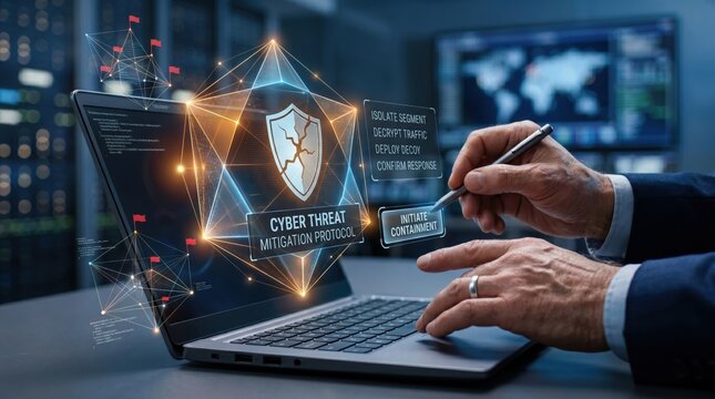 Cyber threat mitigation protocol concept, digital shield with crack on laptop screen, security analyst initiating containment, network defense system interface