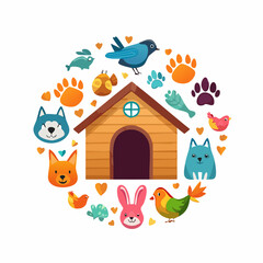 Naklejka premium Pet care and animal shelter concept with various domestic animals and a dog house.