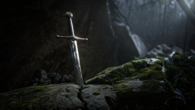 longsword. A medieval longsword thrust into a crack in mossy stone. event programs, museum guides, designed for cultural heritage projects and event programs, supports education.