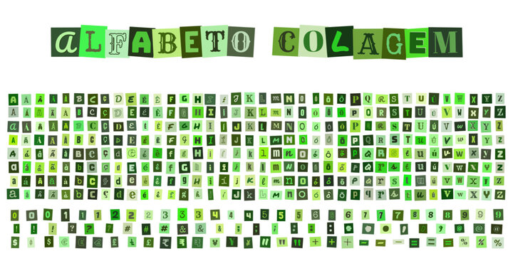 ALFABETO COLAGEM, conjunto de letras e numeros estilo recorte de revista verde para design grafico, tipografia criativa para colagens