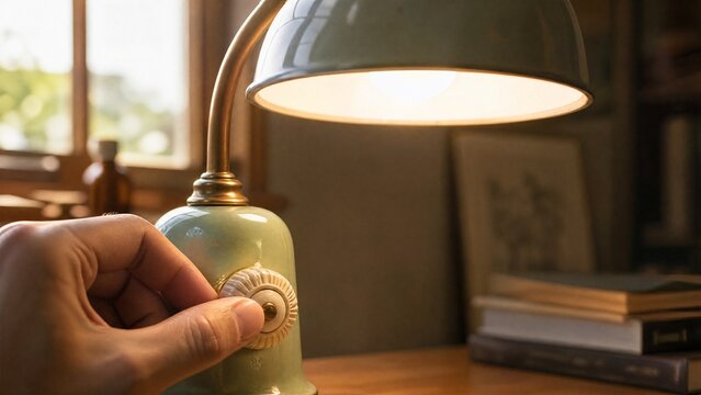 rotary. Close-up of a ceramic rotary knob on a vintage lamp being turned. product launch decks, UI/UX mockups, designed for data visualization dashboards and holographic UIs, highlights innovation.