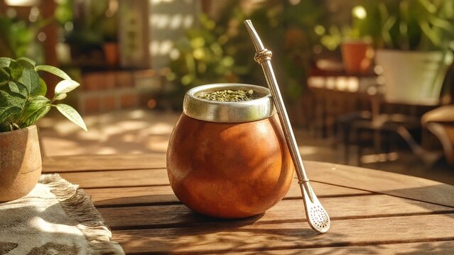 bombilla. A mate gourd with yerba and bombilla on a sunlit patio table. bar promotions, beverage menus, designed for food & beverage menus and cafe branding, used by creative directors.