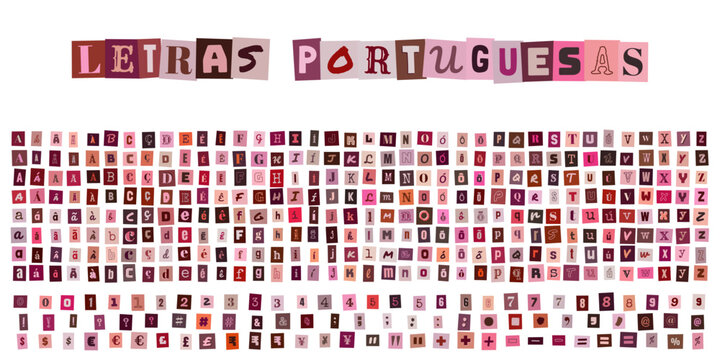 LETRAS PORTUGUESAS, alfabeto recortado estilo carta de resgate, colagem tipografica rosa e marrom para design criativo e convites