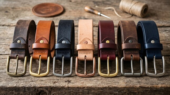 Premium Leather Belts Displayed On Wooden Table