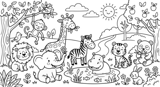 Cute safari jungle animals coloring page background. Black and white outline landscape scene with lion, elephant, giraffe, zebra, tiger, panda, hippo for kids coloring book and KDP interior.