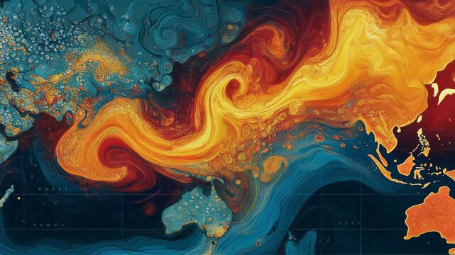 Fiery vibrant heatwave swirling across world map in glowing gold and red colors