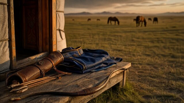 recurve. Mongolian recurve bow and quiver on ger doorstep with silk deel, nomadic steppe heritage. event programs, museum guides, designed for cultural heritage projects and event programs.