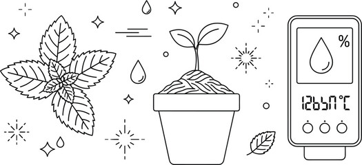 Smart gardening potted plant growth monitoring with soil humidity meter and mint leaf element line art vector set © MdShakib