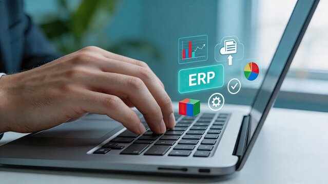 Enterprise resource planning ERP software interface with cloud computing data analytics charts and business management icons on laptop keyboard