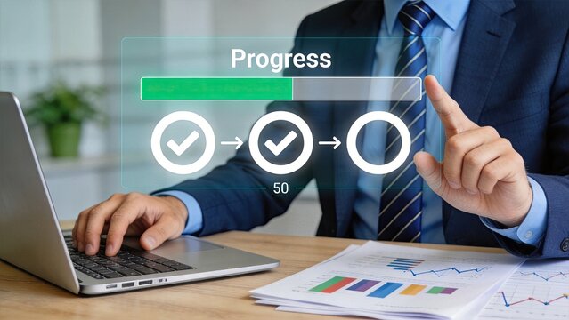 Businessman working on laptop with holographic progress bar overlay, project management dashboard showing task completion steps and growth charts on office desk.