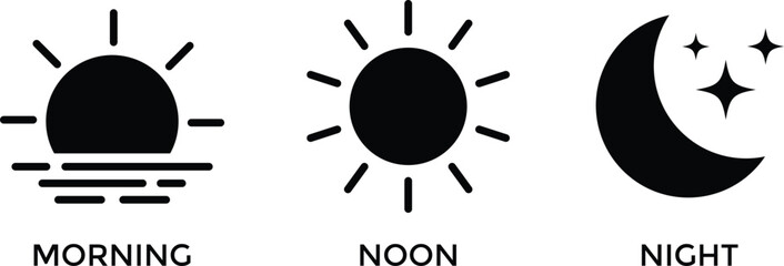 Morning noon night. strong noon daylight sun. showing morning sunrise. night sky moon with stars. environment concept icons. weather icons designs.  © Sultana Design
