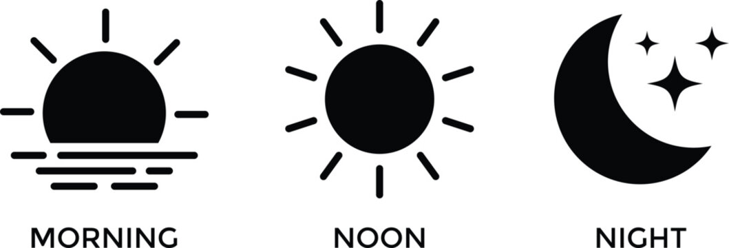 Morning noon night. strong noon daylight sun. showing morning sunrise. night sky moon with stars. environment concept icons. weather icons designs. 