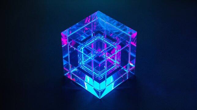 Dark glass tesseract hypercube with glowing neon cyan and violet laser refraction grids