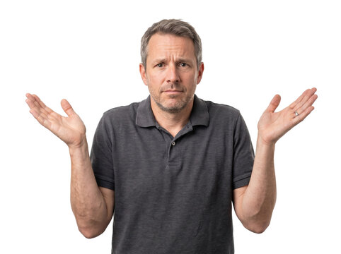 Confused middle aged man shrugging with hands open and uncertain expression isolated on black background for expressing doubt or ignorance