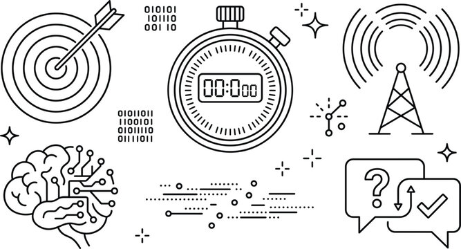 Technology and business strategy artificial intelligence icon set line art vector illustration isolated on white background coloring page