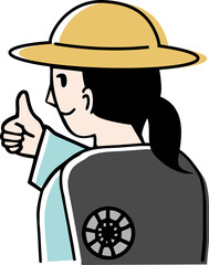 Fototapeta premium ファン付き作業着で熱中症対策をする農家のカラーイラスト（女性）