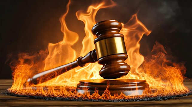 Judge gavel in flames symbolizing legal conflict and justice crisis