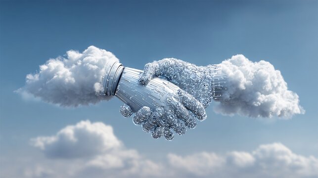 Two robotic hands shaking in a sky filled with fluffy clouds, symbolizing partnership and technological progress.