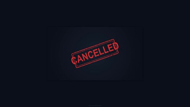 A cancelled event sign appears on a black background with red text