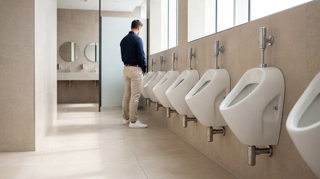 Rear view of a man using a urinal in a clean modern public restroom with tiled walls, partitions, sinks and mirrors, hygiene and privacy concept.