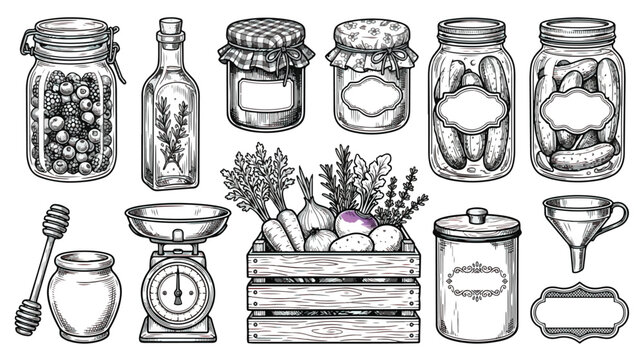 Vintage hand drawn kitchen pantry set, rustic glass canning jars and pickled vegetables, farmhouse garden harvest in wooden crate vector