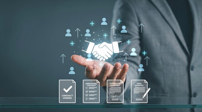 Digital contract signing process, verified agreement checklist, partnership approval document, holographic handshake icon, electronic signature technology