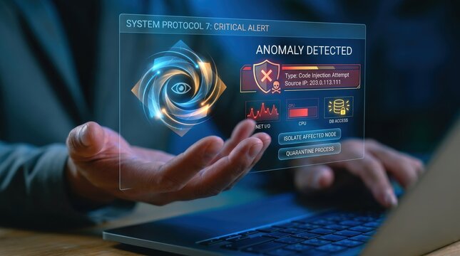 Cybersecurity anomaly detection system alert, critical code injection attempt warning, network security protection, firewall shield icon, hacker attack defense