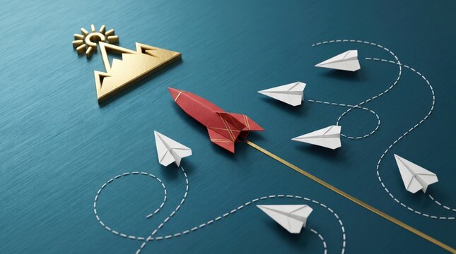 Red paper rocket leading white paper planes towards golden mountain goal symbolizing leadership, business strategy, innovation