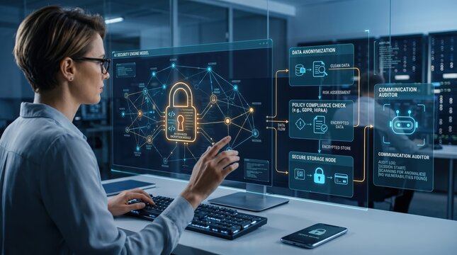 Woman analyst monitors AI security engine model with data anonymization