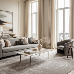 Fototapeta premium Elegant living room interior with neutral colors and modern furnishings