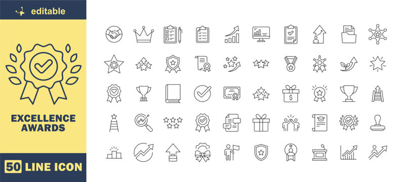 Excellence Awards Line Icon Set &ndash; Achievement, Recognition, Success and Reward Outline Vector Icons