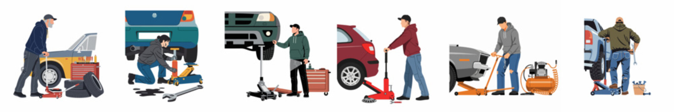 Set of illustrations depicting professional and DIY mechanics using various hydraulic jacks and tools to lift cars for repair and maintenance.