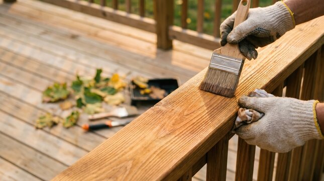 Person staining wooden deck railing with brush, DIY home improvement project, outdoor wood maintenance, protective varnish application, carpentry renovation, residential deck care