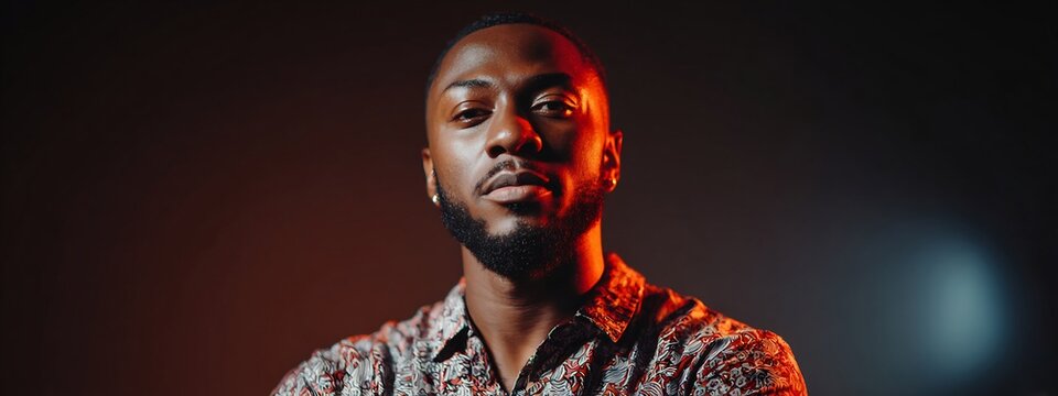 Stylish young Black man with beard wearing patterned shirt under dramatic red studio lighting