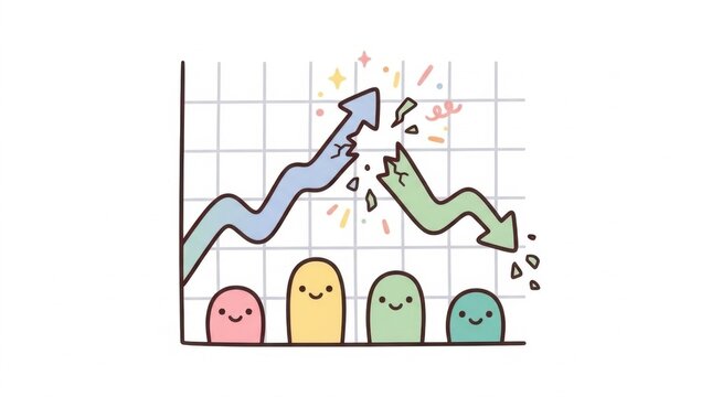 Cartoon business chart showing growth arrow breaking downward trend