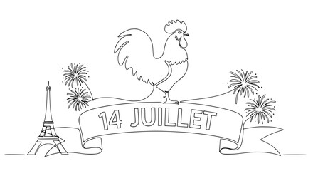 Bastille Day Celebration: Rooster, Eiffel Tower, Fireworks, and "14 Juillet" Banner © Janganan