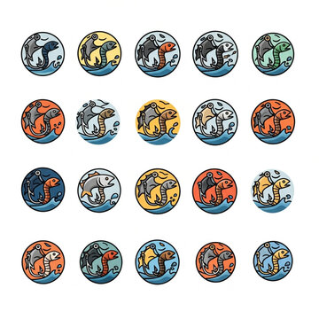 Colorful abstract circular patterns with symbols and icons.