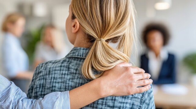Supportive hand on colleague&rsquo;s shoulder in professional setting. Concept of empathy, workplace wellbeing, emotional support, trust and showing care
