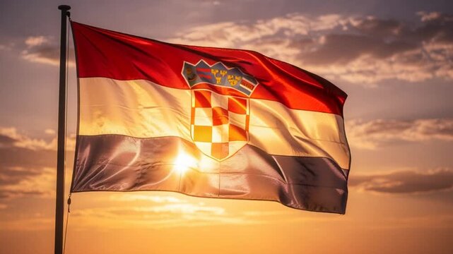 National flag of croatia fluttering in the wind at sunset