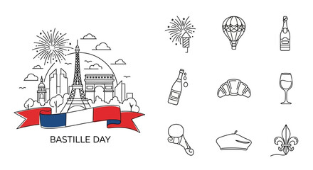 Bastille Day Paris Icons: Eiffel Tower, Arc de Triomphe, Fireworks, Champagne, Croissant © Janganan